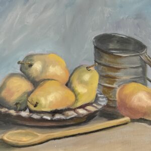 An oil painting with pears in a ceramic pie plate, a wooden spoon and an antique sifter.