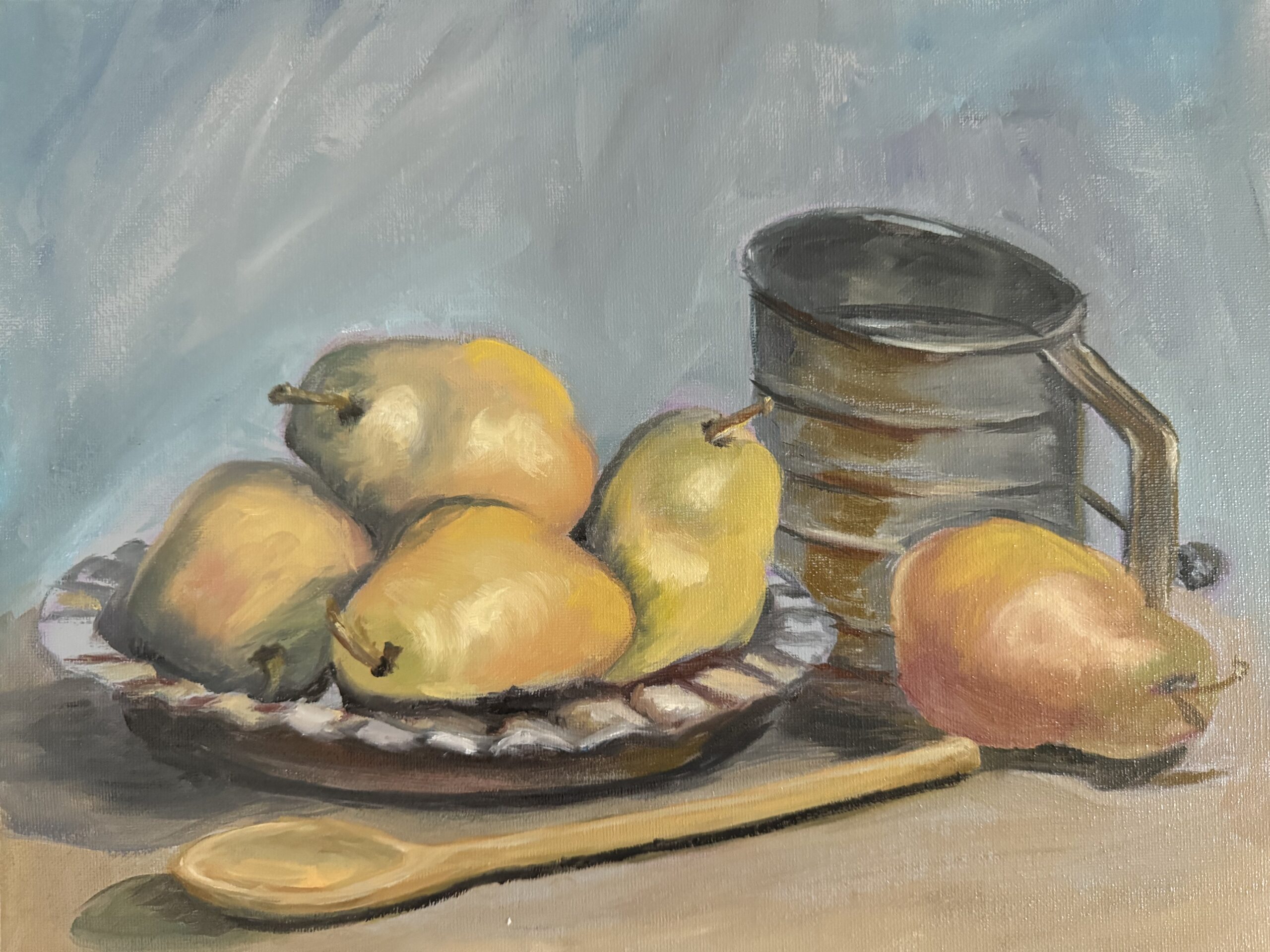 An oil painting with pears in a ceramic pie plate, a wooden spoon and an antique sifter.