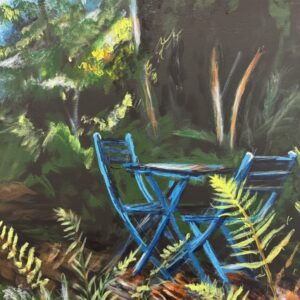 Oil painting of two chairs in a garden