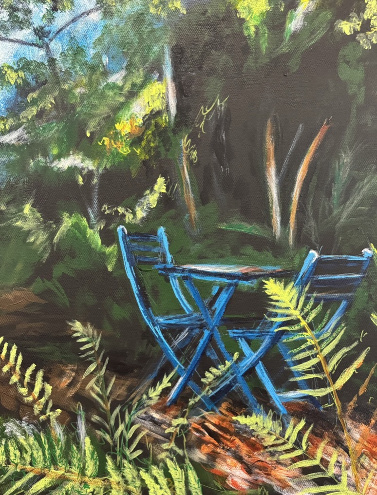 Oil painting of two chairs in a garden