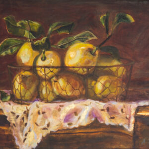 Oil painting of lemons in a basket.
